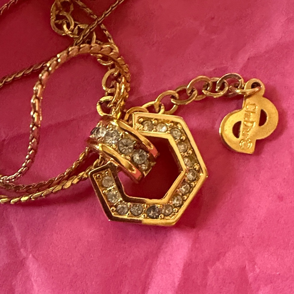 Dior Vintage Gold-Overlay Tone Hexagon Pendant Necklace with Clear Stones